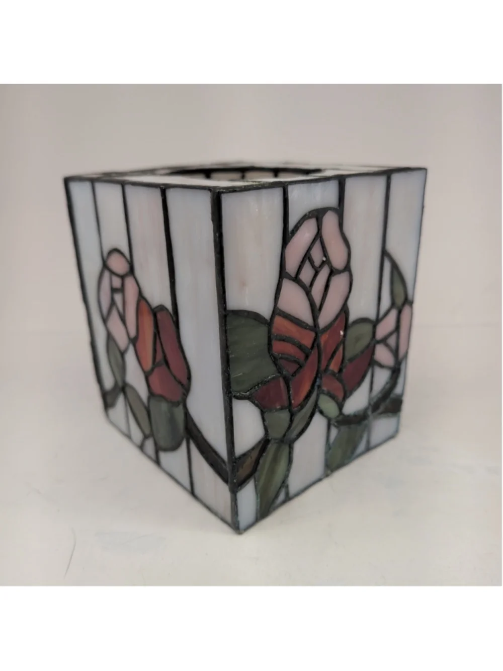 Stained glass floral rose square tissue box holder
